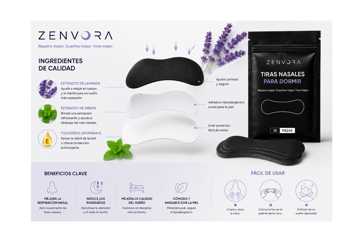 Tiras Nasales Anti-Ronquidos Zenvora — Sueño Profundo & Respiración Libre